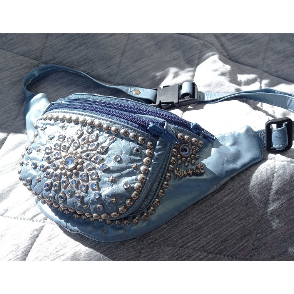 Kippys Vintage Bling Studded Metallic Blue Leather Fanny Pack Retro Cowgirl